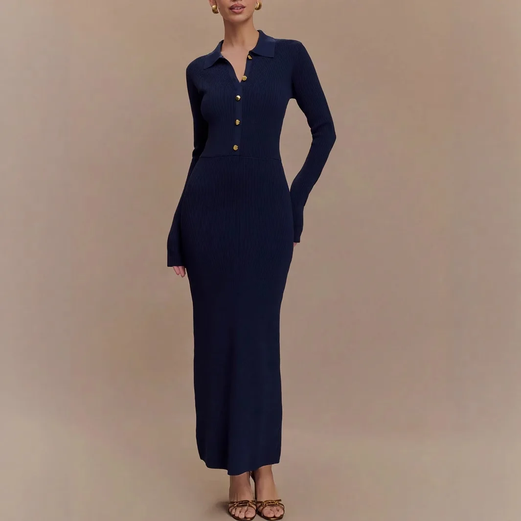 Autumn Winter Knitted Dress Slim Fit Button up Elegance Dark Blue Slimming Knitwear European Style Polyester Fiber Women's Dress