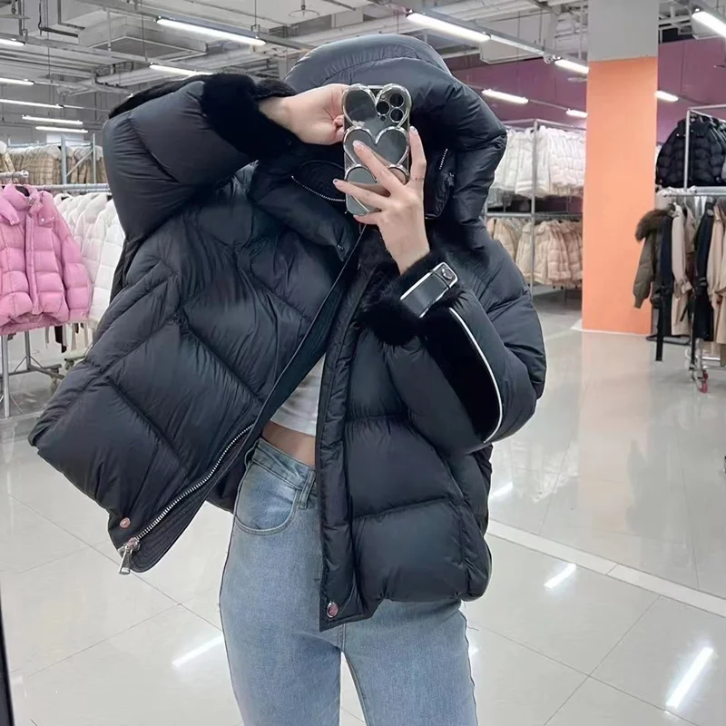 

2023 New Fashion Winter Women Jacket Warm Coat White Goose Down Real Natural Mink Fur Add Cuffs Collar Hooded Loose Outerwear