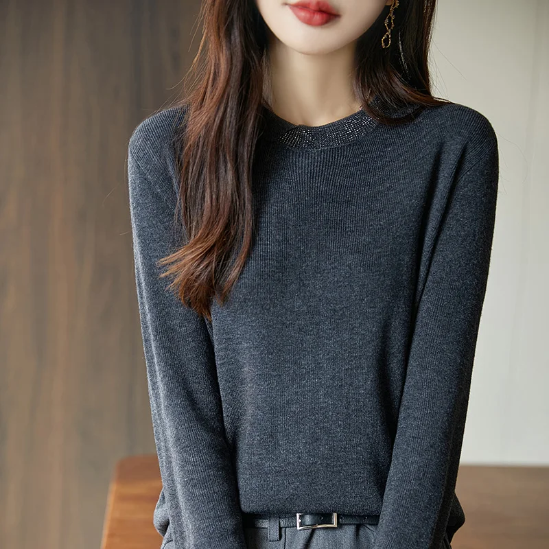 New Round Neck Spun Wool Sweater For Women, Long Sleeved Loose And Versatile Pullover, Fashionable  Versatile Knit Base Sweater