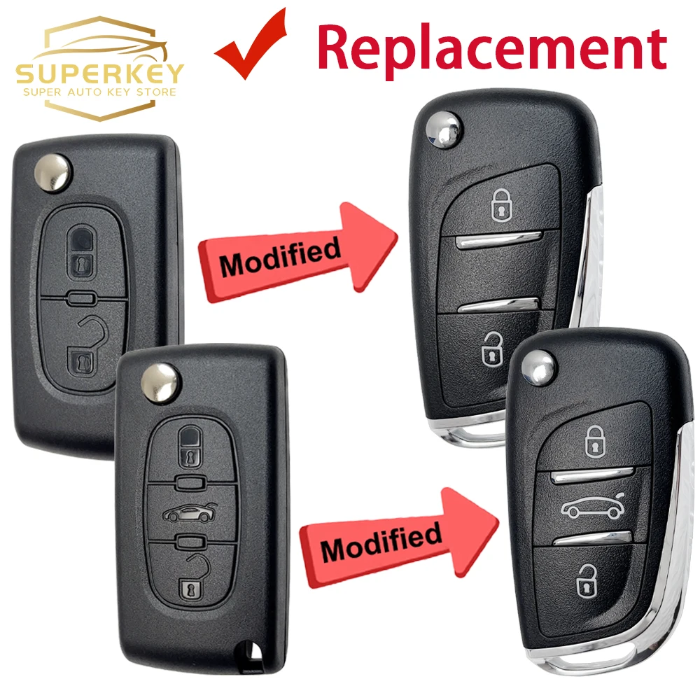 Superkey-変更されたリモートカーキーシェルケース,フリップアップH83 va2ブレード,c3,c4,c5,berlingo,Peugeot 207, 307, 308, 407, 607