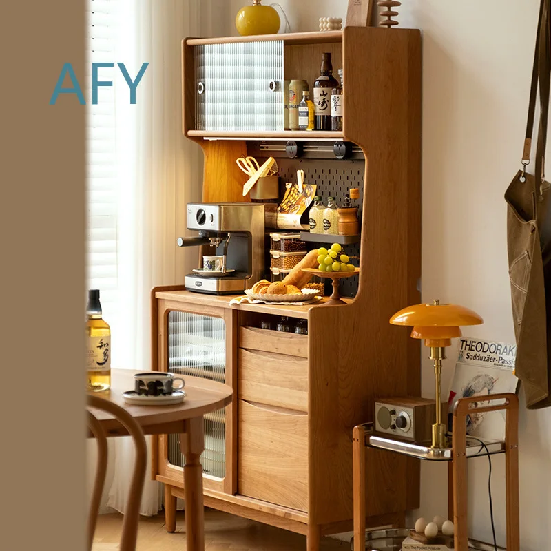 Nordic Solid Wood Sideboard Cabinet for Modern Minimalist Tea Station Wall-Mounted Tall Cabinet for Home Multi-Functional