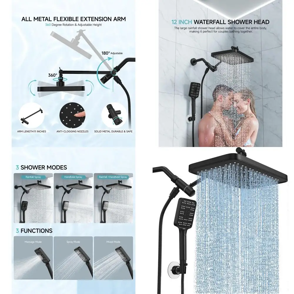

12 Adjustable Dual Shower Head Set with Handheld Spray, Matte Black High-Pressure Rainfall Combo