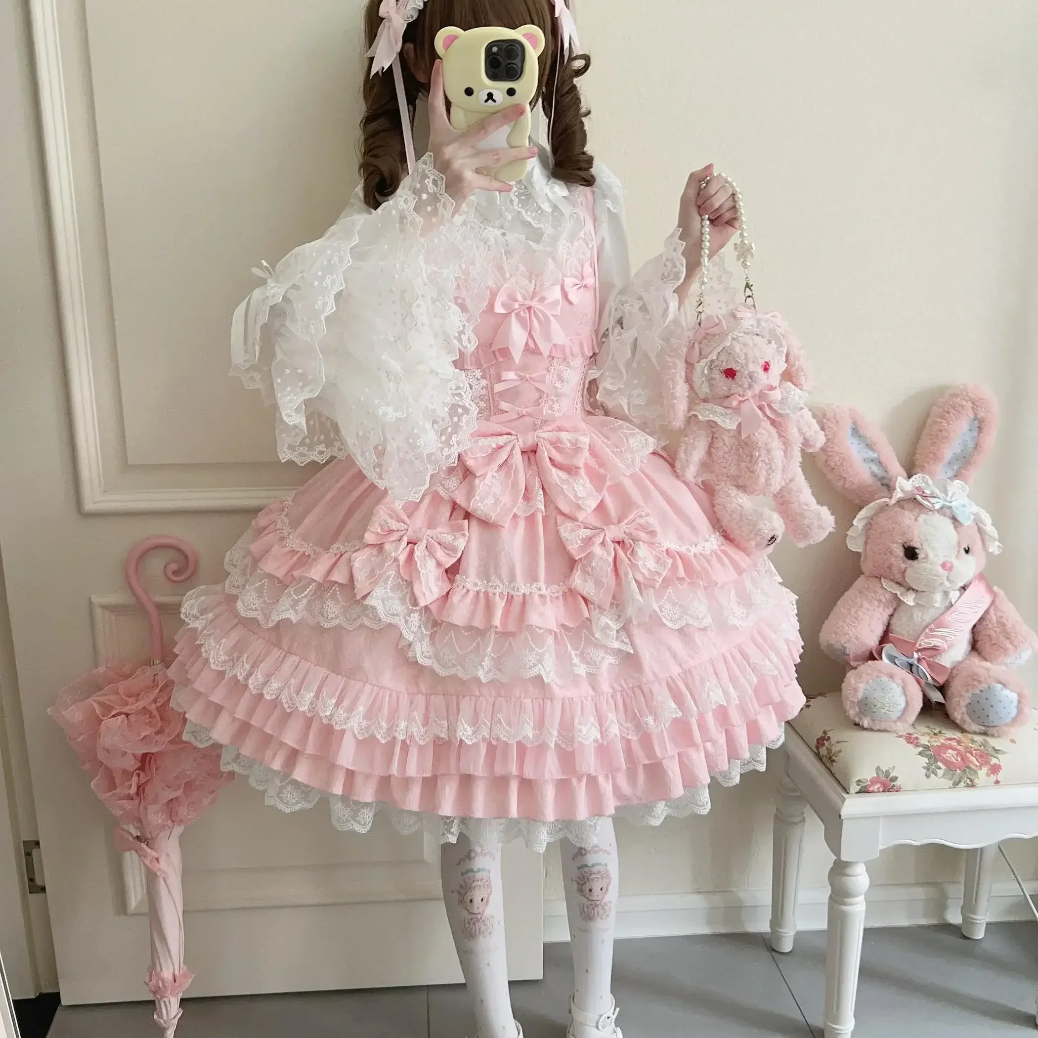 JSK-Robe à bretelles rose Lolita pour femmes et filles, design original, robe de princesse en dentelle avec nœud, bande de sauna, chemise à manches longues