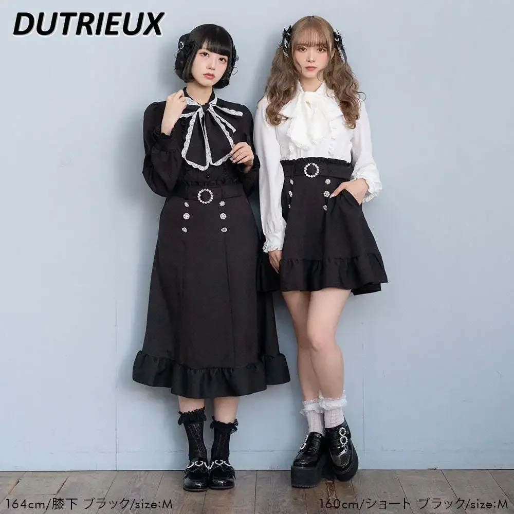 Japanese Sweet Lolita Black Skirt Spring Summer New All-Match Wooden Ear Chic Rhinestone A- Line Long Skirt Ruffled Mine Skirts