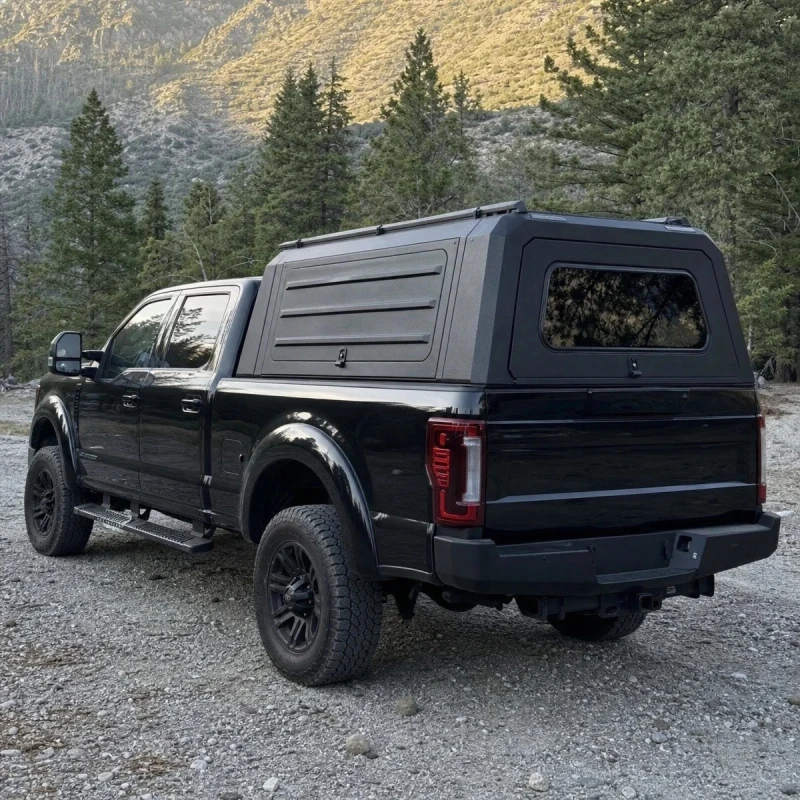 Auto Parts Matte Black High Roof Full Metal Truck Canopy Reinforced Gull Wing Tempered Glass Rear Door Slot Roof Rails