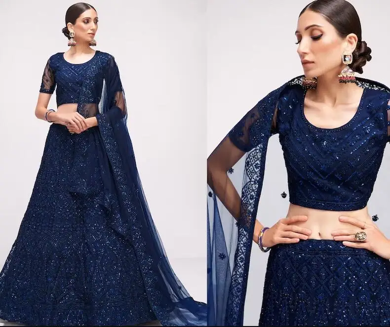 Navy Blue Lehenga Choli Prom Dresses with Wrap Embroidered Indian Choli Soft Net Dupatta Long Sleeve Evening Gown customsized