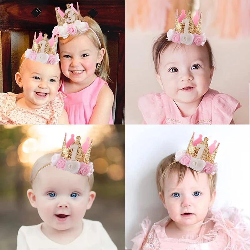 1st Birthday Party Decor Hat Kids 1 2 3 Year Happy Birthday Boy Girl First Birthday Party Baby Shower Decor Pink Kids Crown Hat