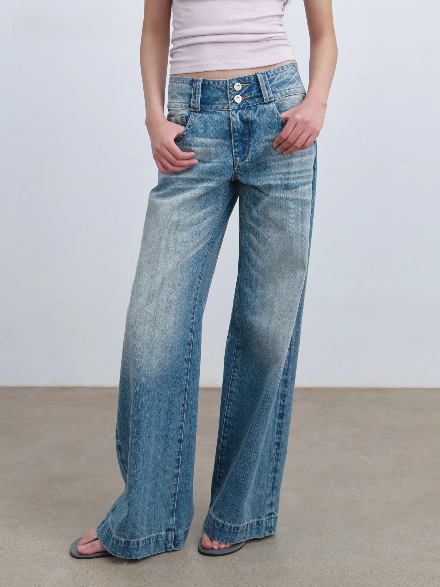 

VERMO Vintage Waed Straight Leg Jeans mid Low Waist Double Button Cotton Spring Summer Neutral l Waist Bamboo Le Pa...