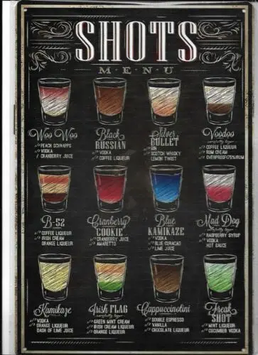 SHOTS MENU - bar alcohol drink liquor-señal de metal de 8x12, Envío Gratis