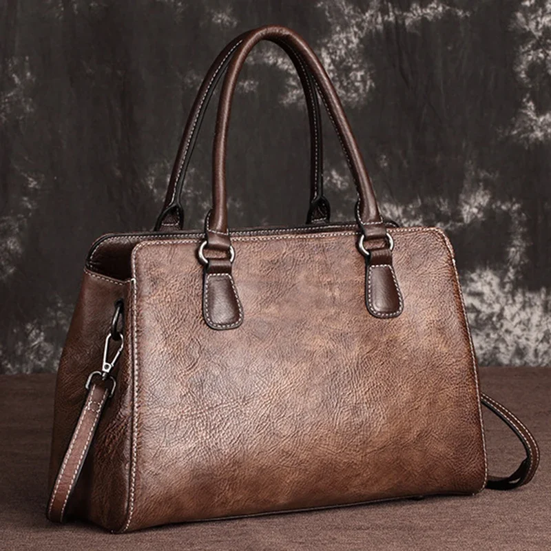 Genuine Leather Messenger Handbag Brush Color Bags Multi-Layer Natural Skin Female Retro Design Women Shoulder Top Handle Bag