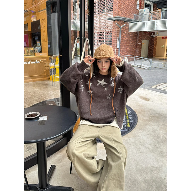 سترة نسائية مطبوعة عتيقة Y2K Harajuku بلوفرات محبوكة ملابس خروج بأكمام طويلة ملابس شتوية كورية فضفاضة برقبة دائرية