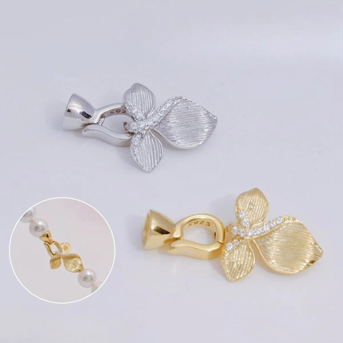S925 Sterling Silver Three‑Petal Flower Micro‑Paved Zircon Toggle Clasp DIY Pearl Necklace Bracelet Connecting Jewelry Making Su