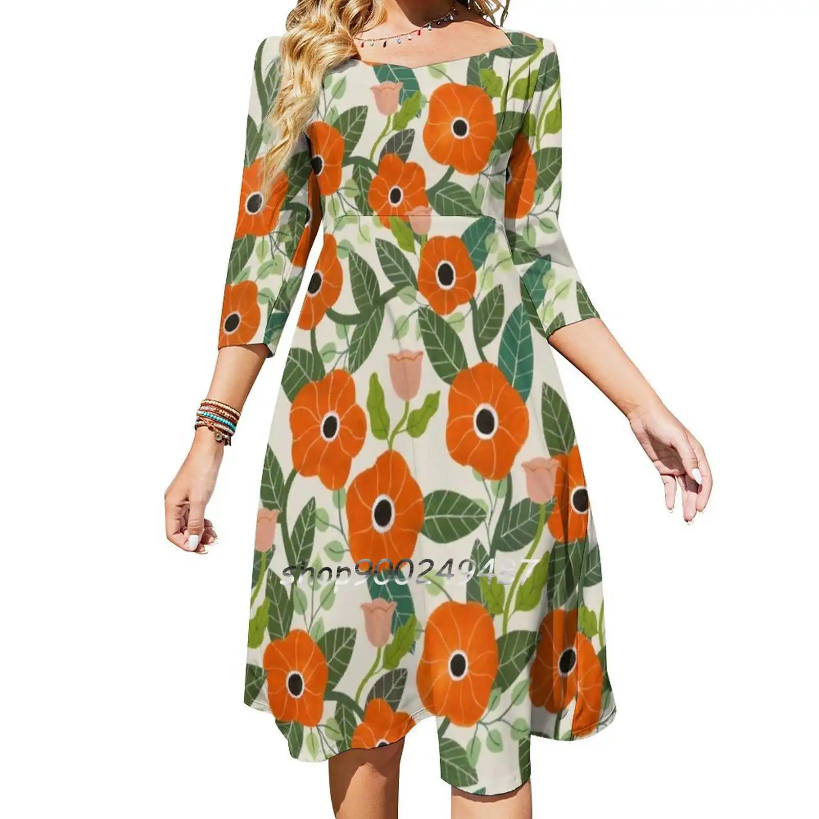 Poppies Square Neck Dress Cute Loose Print Dresses Elegant Beach Party Dress Gouache Floral Floral Pattern Flowers Flower