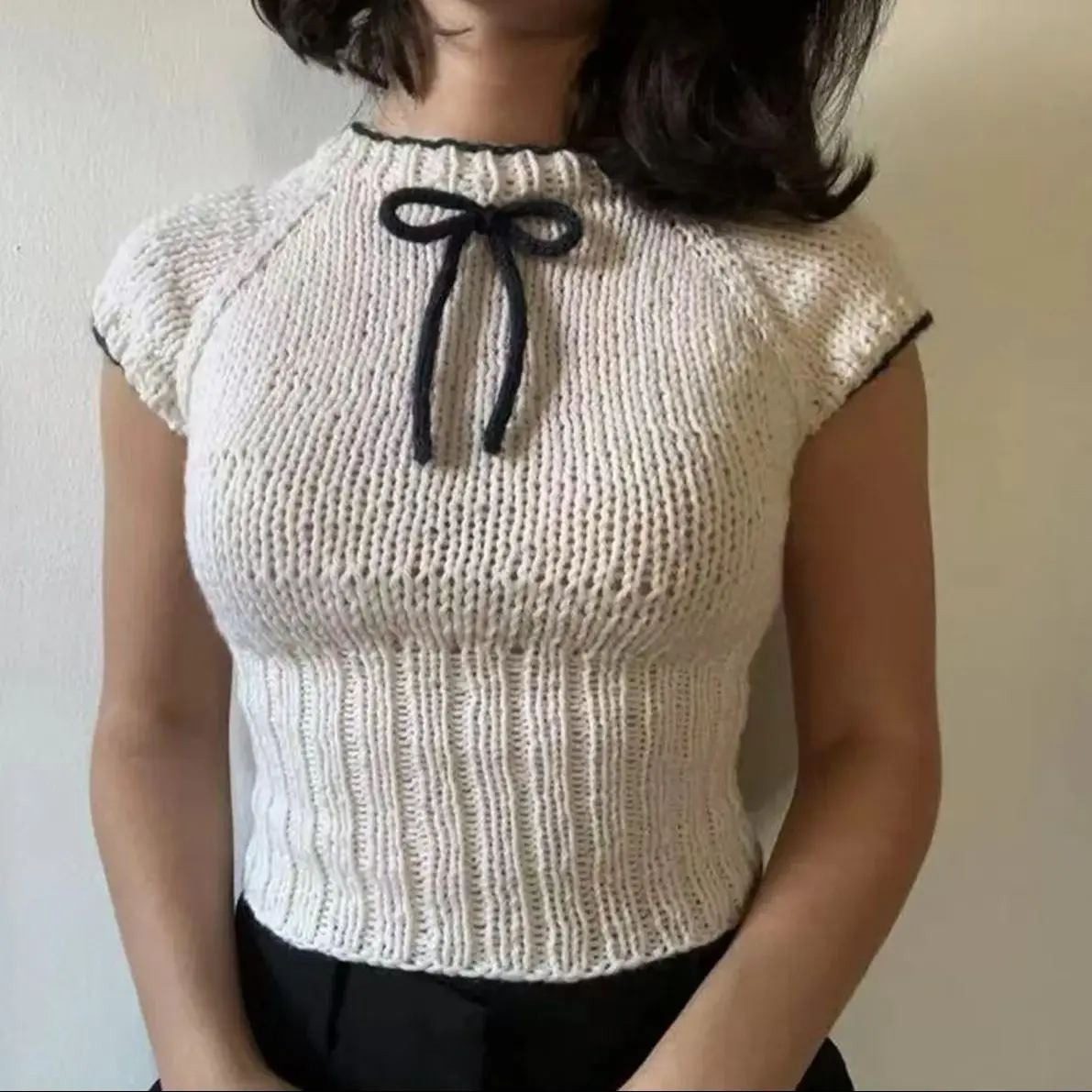 Butterfly knot short sleeved round neck vest loose lazy comfortable hand woven mohair sweater for women in spring autumn