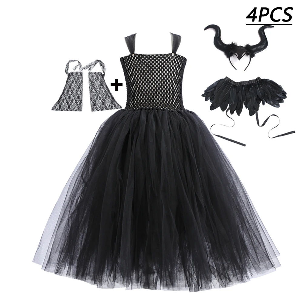 Kids Role Play Dress Girls Dark Angel Cosplay Tulle Dress with Horn Wings Gothic Halloween Fancy Costume for Party Dress Up image 2