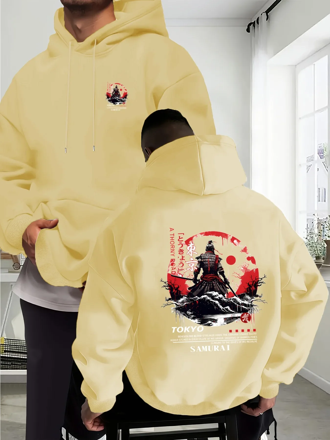 Men Women Unisex Hoodie Japanese Samurai Tokyo Ukiyo-e Front and Back Print Sweatshirt Casual Loose Hooded Pullover Top