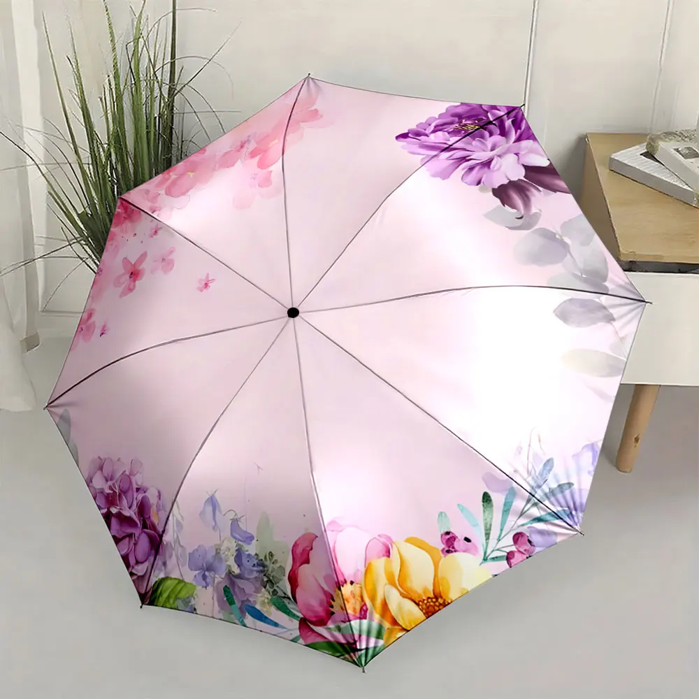 1PC Floral Pink Umbrella with Colorful Design for Indoors Print 8 Iron Ribs Folding Umbrella Auto-Open Fashion Sunshade