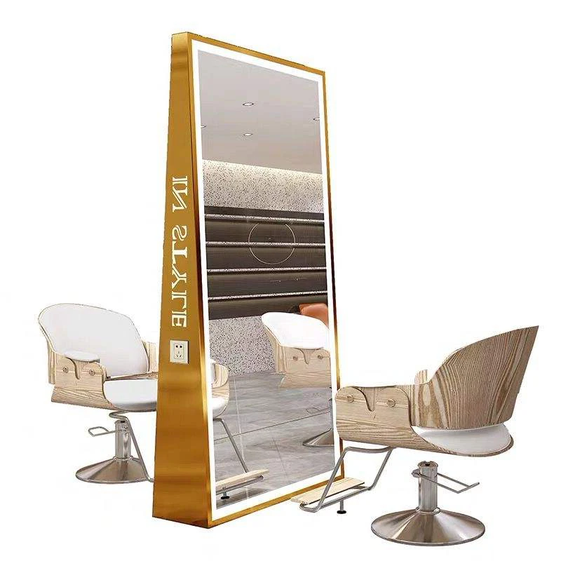 

Modern Hair Salon Mirror Barber Shop Station Golden Frame Double Side Barber Unit Station with Led Light