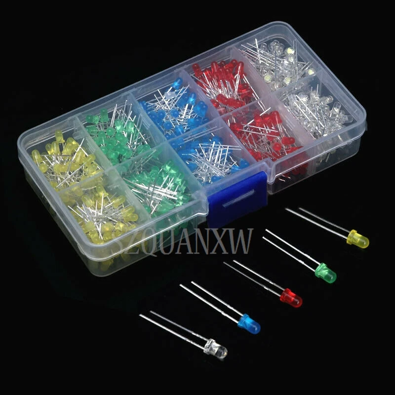 

5x100pcs=500Pcs 3MM LED Diode Kit Mixed Color Red Green Yellow Blue White + BOX