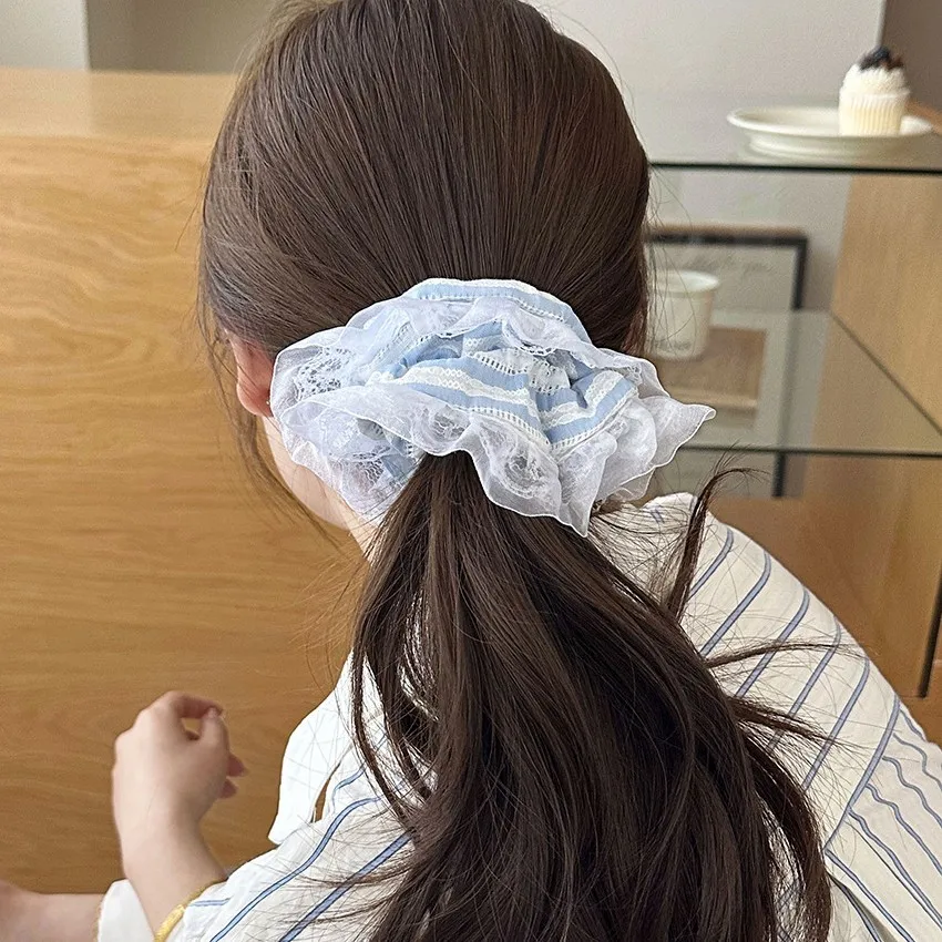 Scrunchie Blue Lace Stripe High Elastic Hair Tie Soft Girly Daily Versatile Ponytail Holder for Women Premium Comfortable