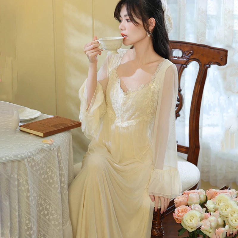 Autumn Winter Mesh Vintage Victorian Lace Long Sleeve Nightdress Princess Sleepwear Sweet Women Solid Color Nightdress