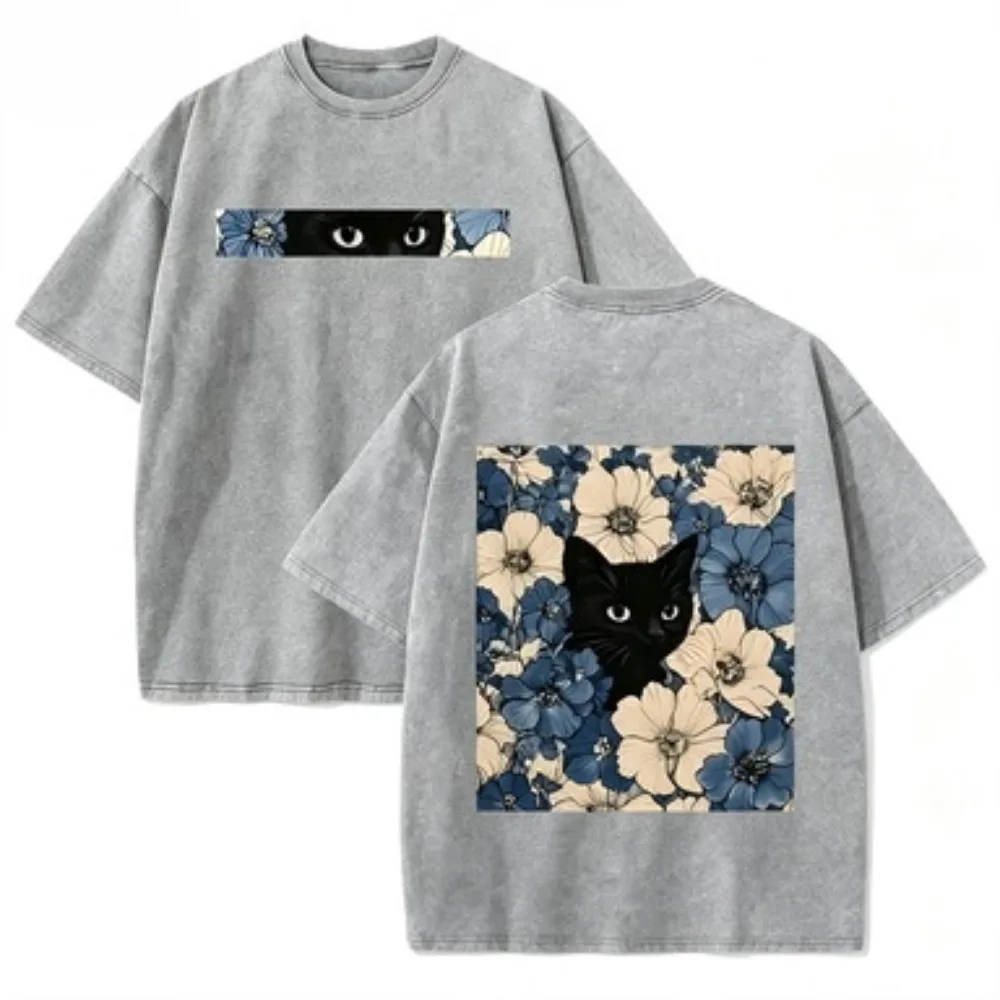 Vintage Washed Black Cat Floral T Shirt Double Sided Print Streetwear Casual Tee