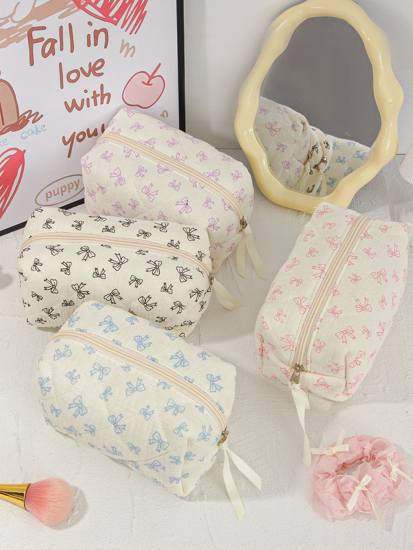Bowknot Pencil Case, Makeup Bag, Travel Cosmetics Storage Bag, Large Capacity Fabric Zipper Bag, Portable Makeup Bag
