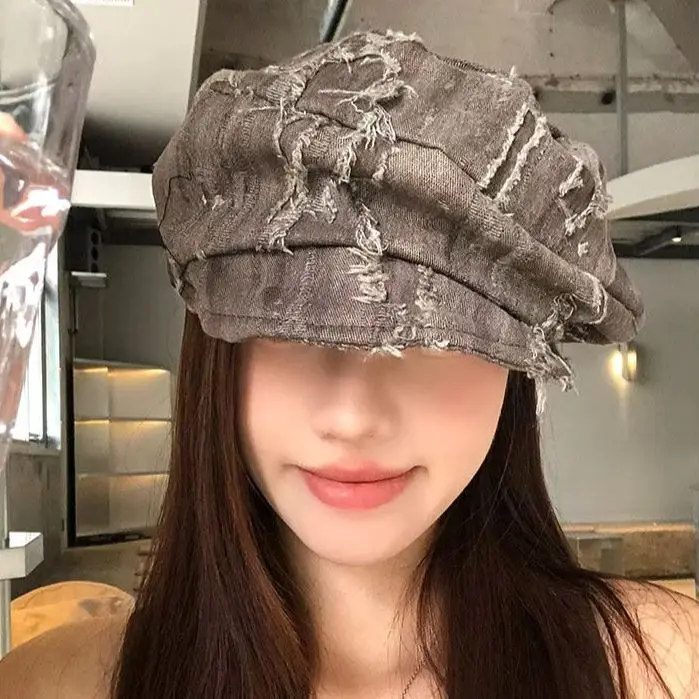 Post-apocalyptic-style Openwork Tattered Vintage Beret Women Large Head Circumference Octagonal Hat, Versatile Newsboy Painter's