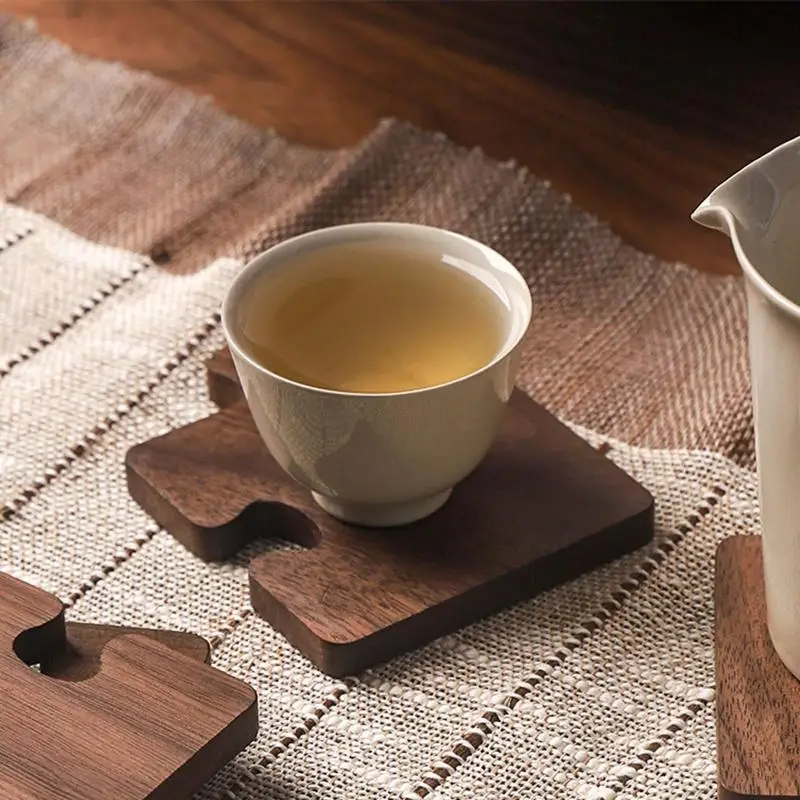 4pcs Wooden Coaster Retro Style Teacup Mats Creative Building Block Shape Cup Mat Desktop Heat Insulation Mats Tea Sets Supplies view 4