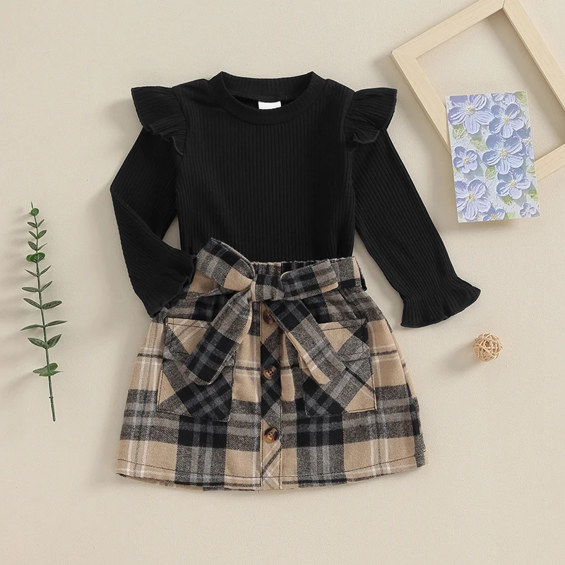 

2023-10-11 Lioraitiin 0-4Y Fashion Toddler Girl Clothes Sets Ruffles Ribbed Long Sleeve Pullover Tops Plaid Skirt with Belt