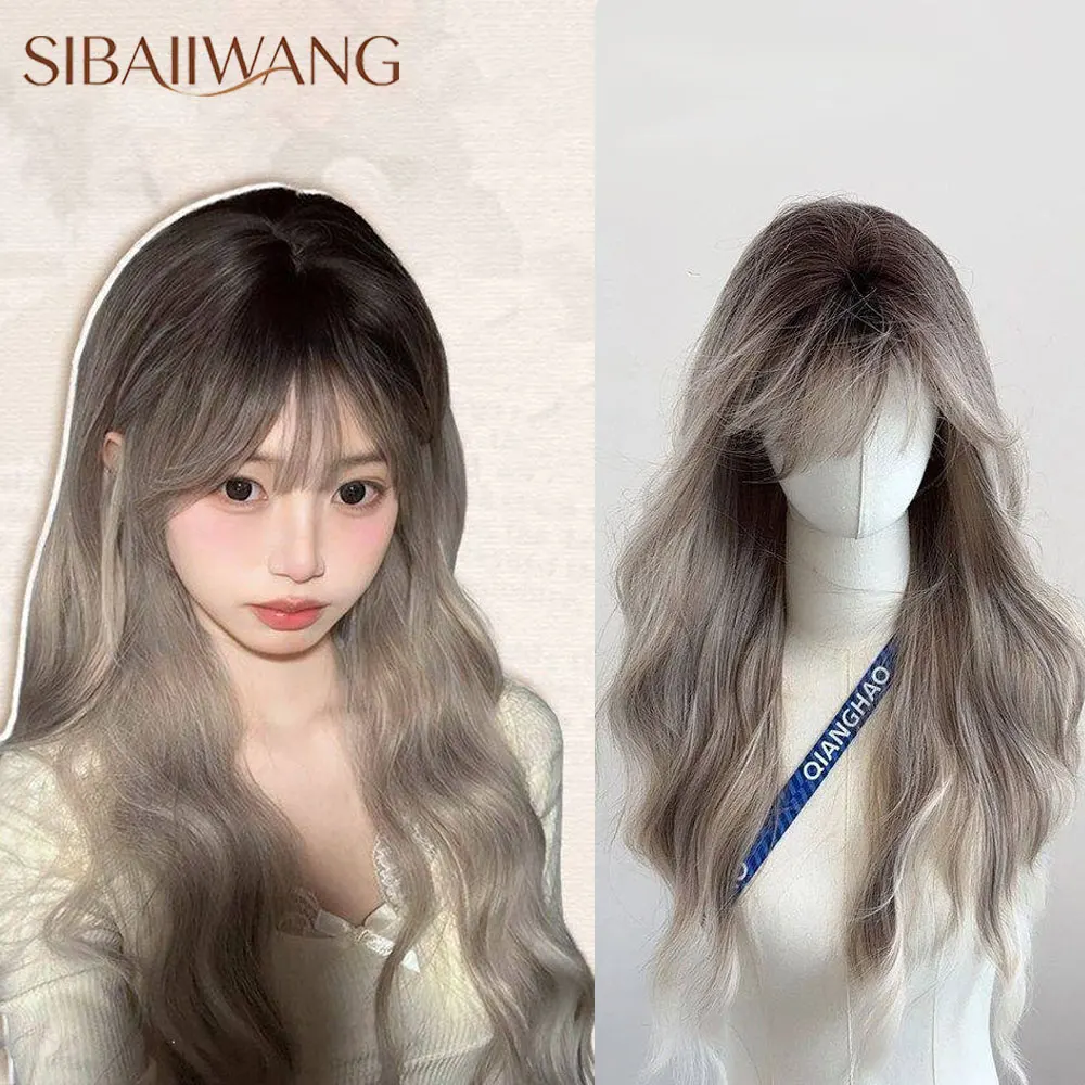 New Synthetic Cosplay Long Curly Wave Bangs Wig Ash Ombre Fiber Heat-Resistant Natural And Smoot Daily Wear For Women