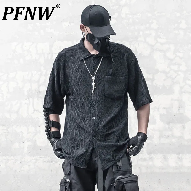 

PFNW Dark Design Male Shirts Loose Single Breasted Jacquard Turn-dwon Collar Short Sleeve Men's Clothing Summer New 12C680