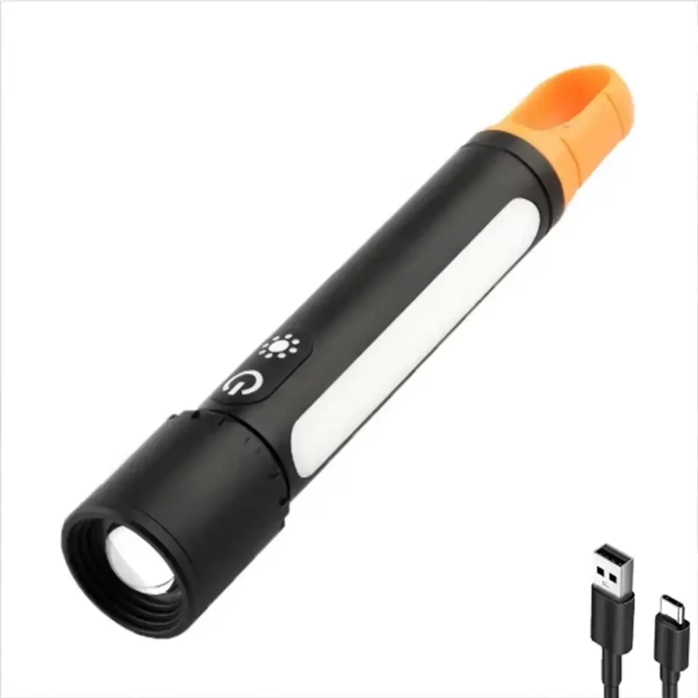 With Side Lamp Strong Light Flashlight Telescopic Zoom Portable Hook Outdoor Small Flashlight Long-range Rechargeable