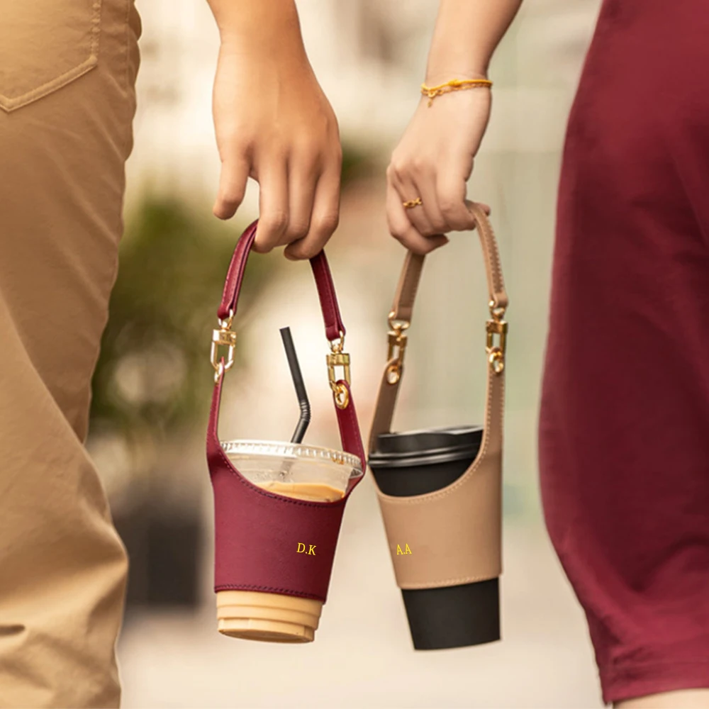 Tragbare benutzerdefinierte Name Mode Getränkehalter Mode Vintage PU Leder Kaffee Milch Tee Tasse Tasche personalisieren Buchstaben Wasserflasche Tasche – Detail 4