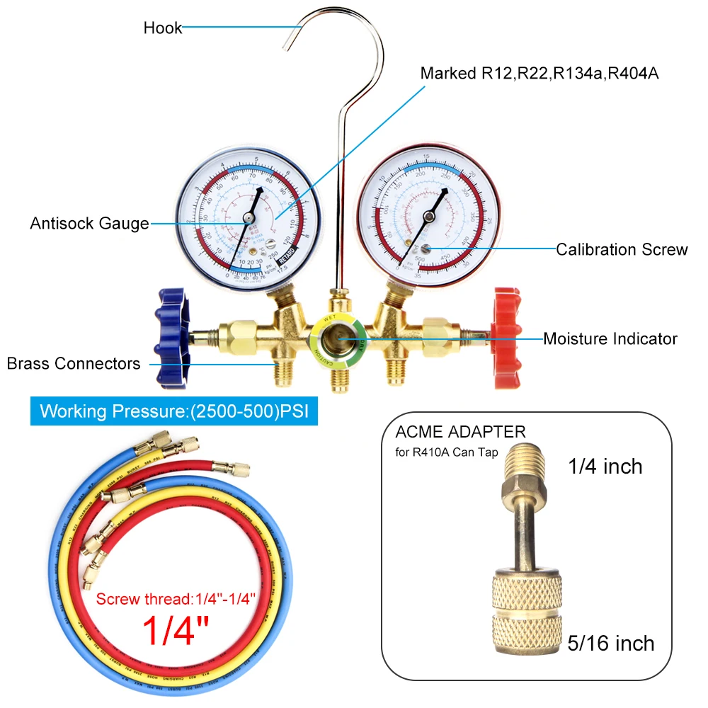 Freon For R12 R22 R404A R134a Air Conditioning Pressure Gauge with Hose and Hook 3 Way AC Diagnostic Manifold Gauge Set