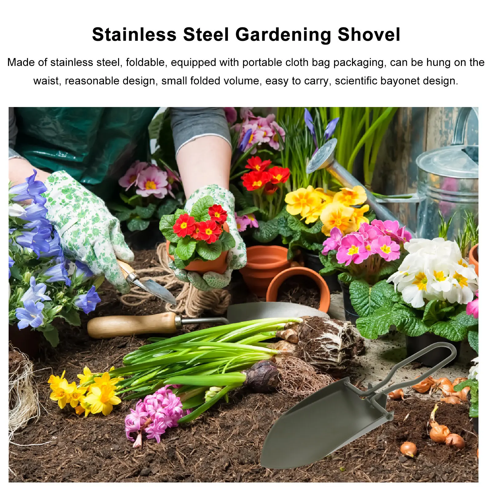 Foldable Stainless Steel Gardening Shovel Portable Outdoor Camping Tool Storage Bag Scientific Bayonet Design Easy Carry