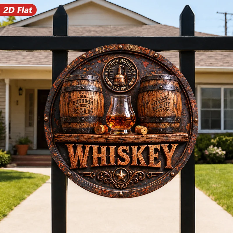 CIFBUY Vintage Whiskey Barrel Glass Sign, Aluminum Wall Art Waterproof Wear Resistant Round Metal Plaque for Bar Home Living Roo