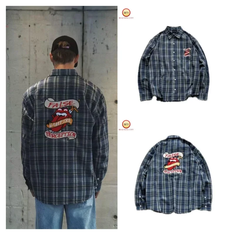 

High Street 25SS False Perception Blue High-quality embroidery Bloodtooth Tartan Men's Women's Casual Shirt New Tops