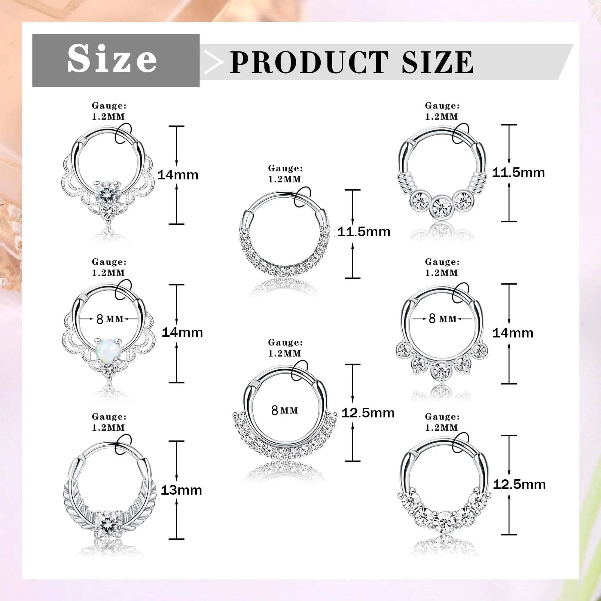 Septo Clicker Anel, Aço Inoxidável, CZ, Opala, Cartilagem, Hélice, Tragus, Daith Brinco, Anéis de Nariz, Hoop Piercing Jóias, 16G