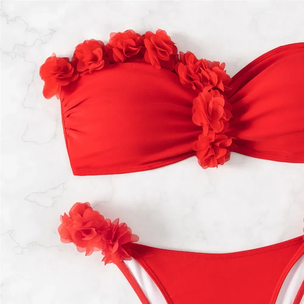 Red Mesh Flower Bandeau Bikinis Sets Sexy Swimsuit Women Thong Swimwear Push Up Bathing Suit Beach Wear Bikini Mujer Biquinis
