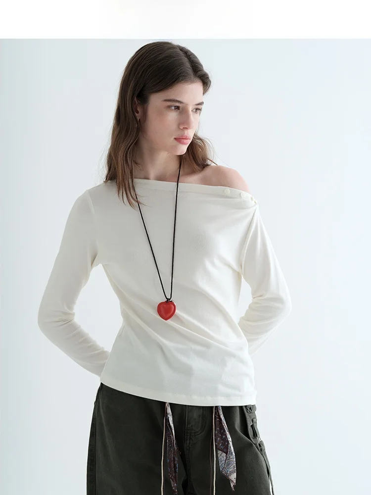 

Женская футболка с длинным рукавом и открытыми плечами, двусторонняя, приталенная, эластичная, повседневная, весна 2026, новинка JiuJiu