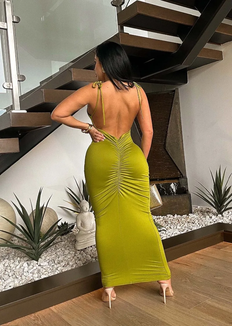 Women Solid Camis Casual Maxi Dress Summer Strapless Lace Up Spaghetti Straps Backless Ruched Bodycon Long Club Party Robe