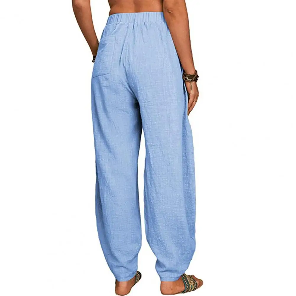 Women Pants Elastic High Waist Pure Color Long Trousers With Pockets Loose Fit Wide Leg Harem Pants Drawstring Lady Daily Wear