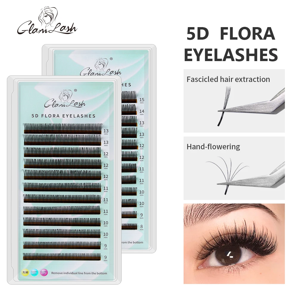 GLAMLASH 5D Flora Lashes Easy Fan Eyelash Extensions Wholesales Premade Volume 12 Rows W Style Natural Soft