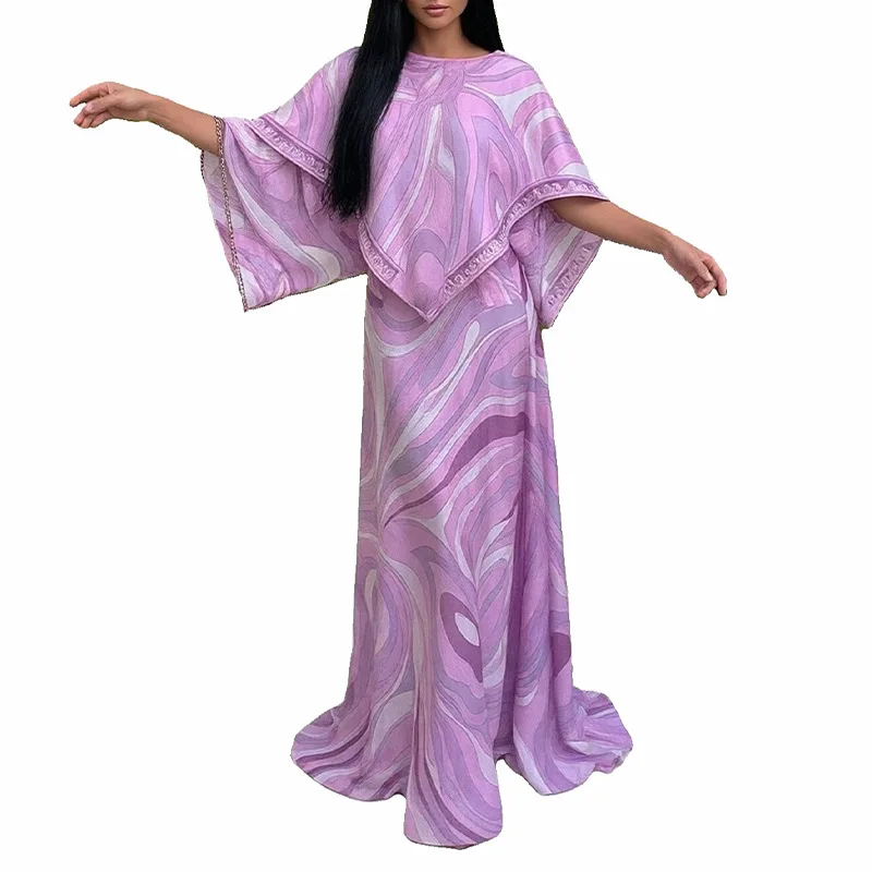 

Fashionable Casual Contrast Color Print Loose Long Dress Set Two-Piece Set Slimming Effect Polyester Fiber Commute Style