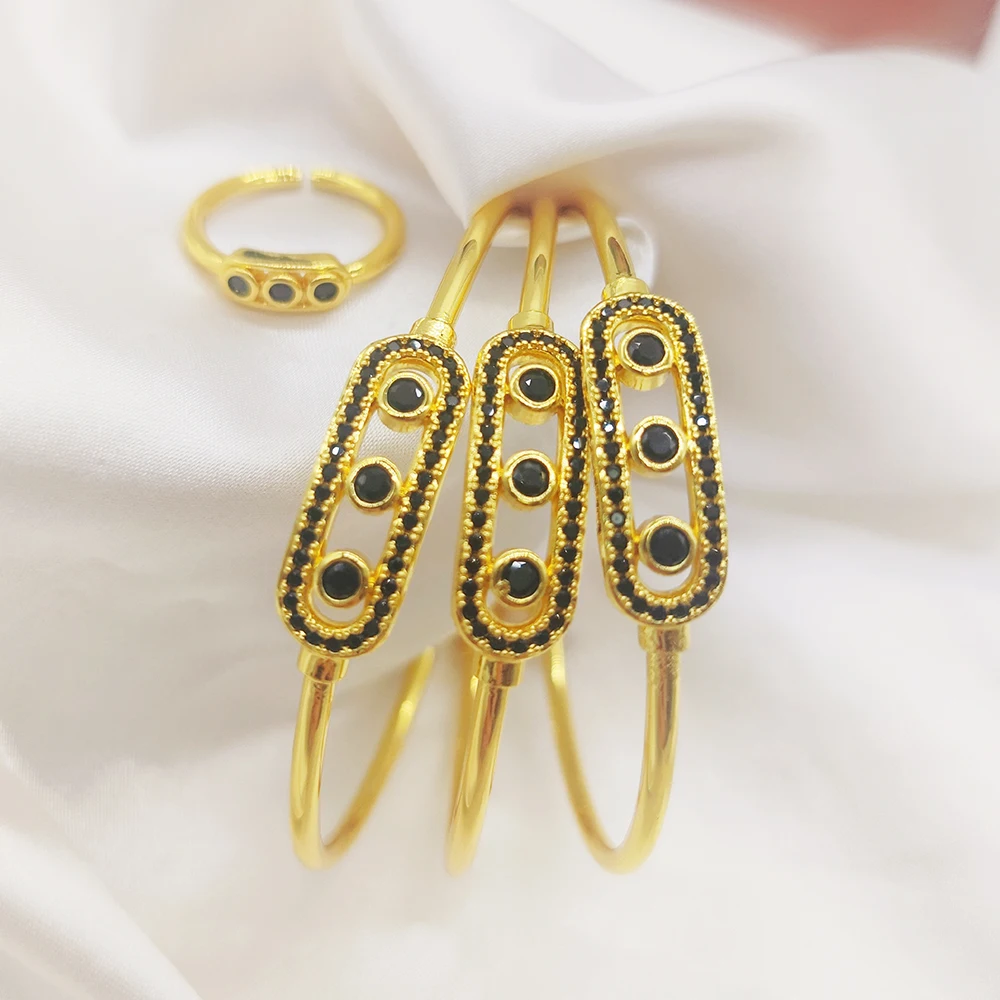Fashion 3pcs Bangles with Ring Luxury Gold Color Black Zircon Charm Bracelet for Women African Wedding Hand Jewelry Party Gifts image 2