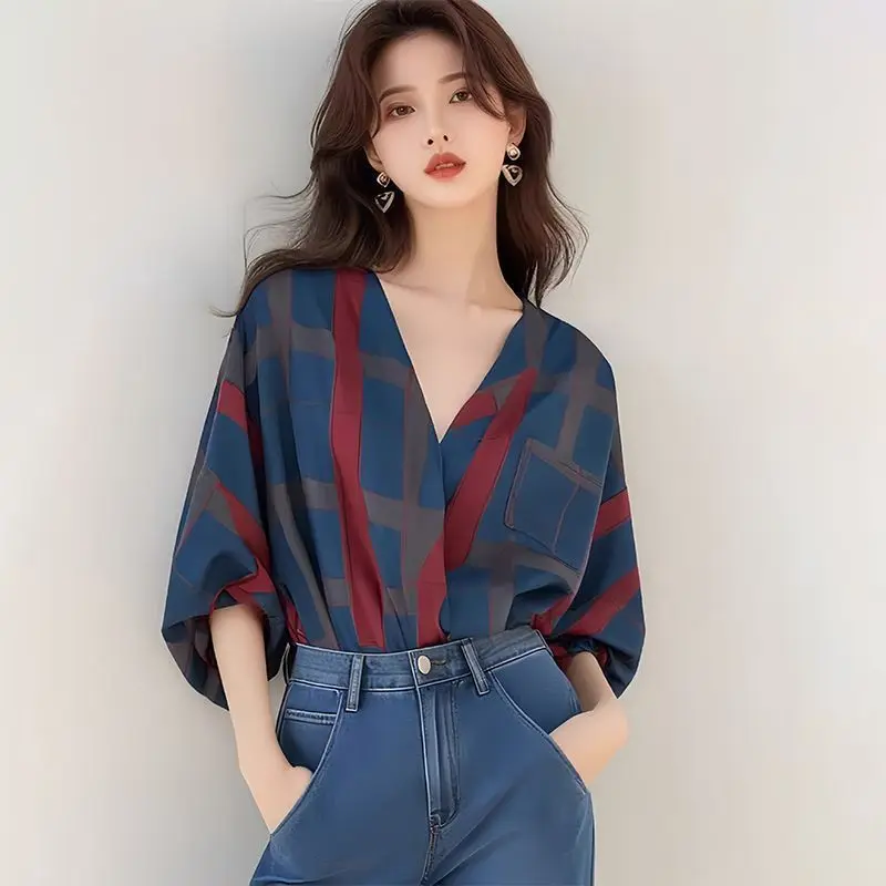 Spring Summer New V-neck Three Quarter Fashion Blouse Women High Street Casual Loose Printing Pullovers Elegant All-match Tops