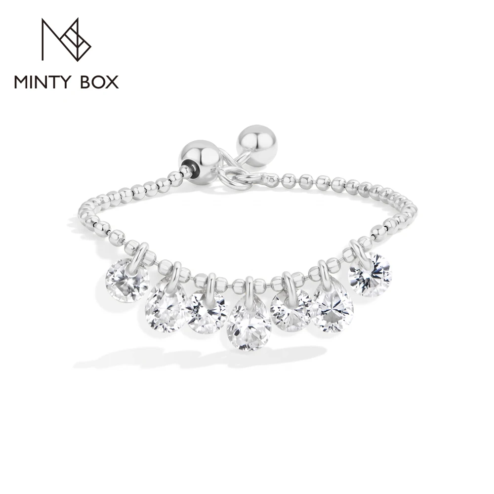 MINTYBOX Drilled Moissanite Ring Adjustable Pull Design Beaded Bracelet 925 Sterling Silver Dainty Party Dating Jewelry forWomen
