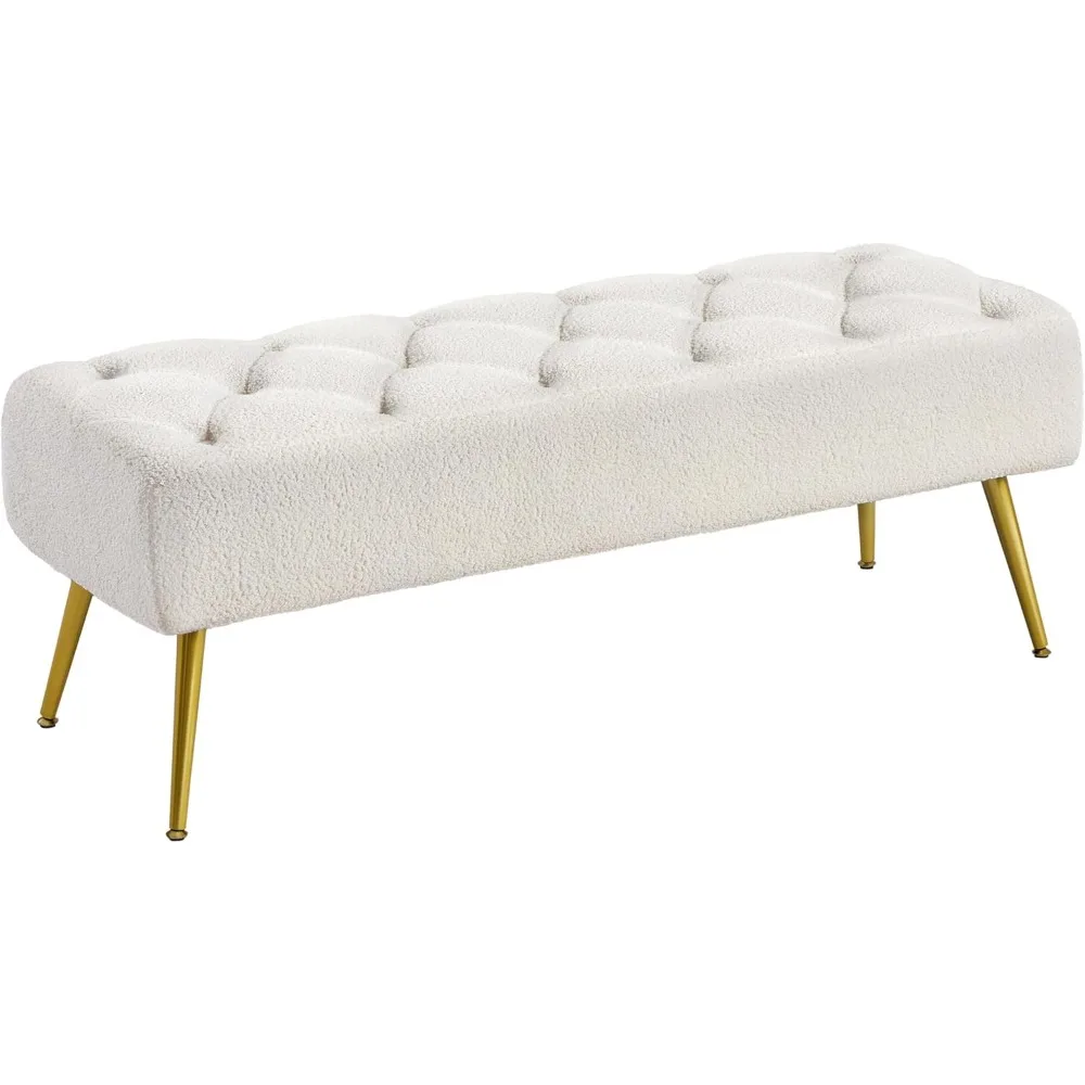

Modern Ottoman Bench Boucle Bench Upholstered Footrest for Living Room with Gold Metal Legs and Padded Seat Ivory