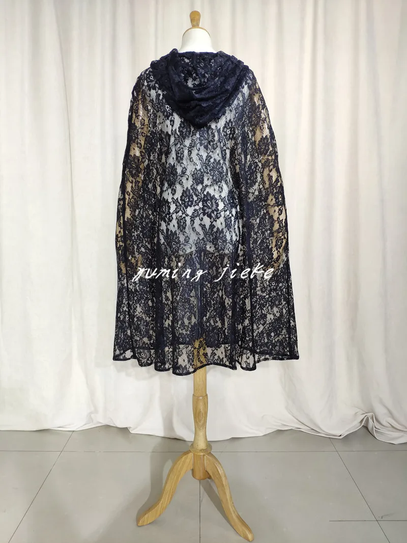 Black Shawl Bridal Cloak with Hooded Lace Wedding Cape